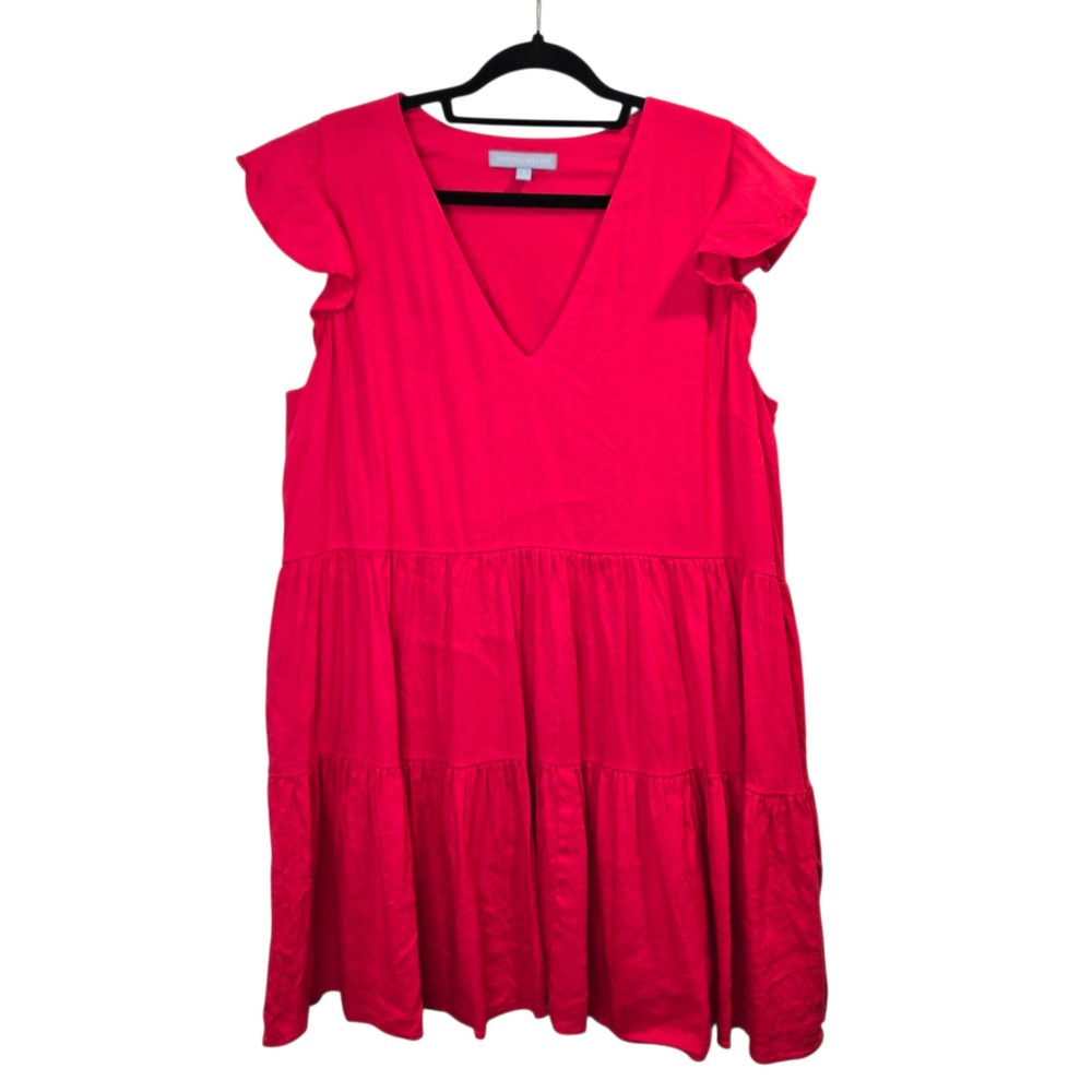 ANTONIO MELANI Pink Tiered Ruffle Flutter Sleeve V Neck Mini Dress Large L